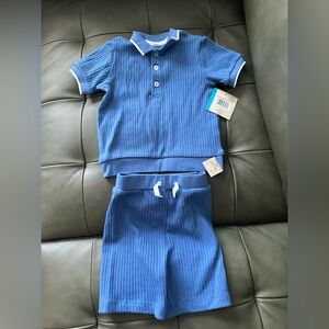Little Me Blue Ribbed Shirt with White Trim